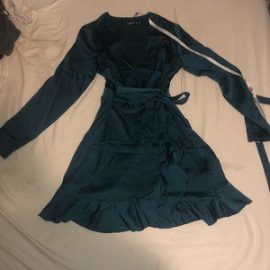 Long Sleeve Teal Ruffle Satin Tea Dress